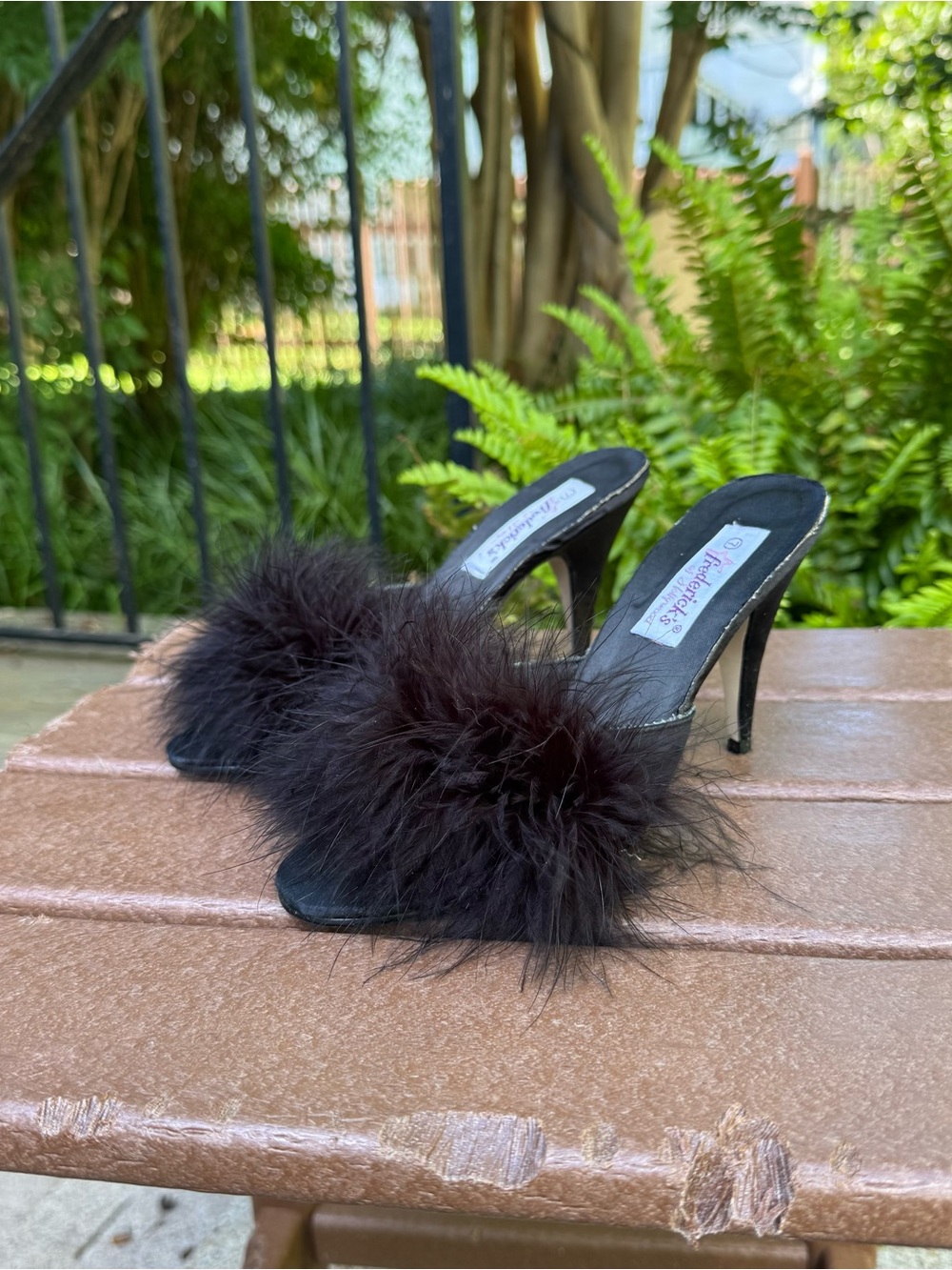 Frederick's of Hollywood Black Feather Slide Heels